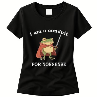 I Am A Conduit For Nonsense Funny Frog With Sword And Red Womens T-Shirt