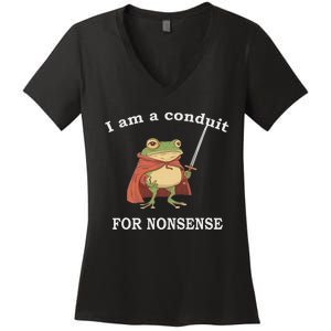 I Am A Conduit For Nonsense Funny Frog With Sword And Red Women's V-Neck T-Shirt