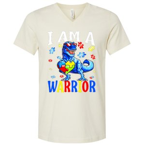 I Am A Warrior Autism Family Dinosaur Autism Awareness V-Neck T-Shirt