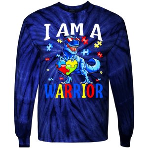 I Am A Warrior Autism Family Dinosaur Autism Awareness Tie-Dye Long Sleeve Shirt