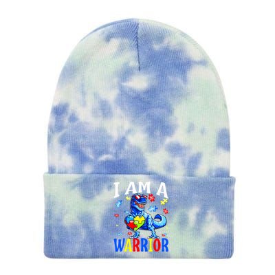 I Am A Warrior Autism Family Dinosaur Autism Awareness Tie Dye 12in Knit Beanie