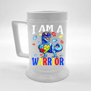 I Am A Warrior Autism Family Dinosaur Autism Awareness Cute Gift Beer Stein