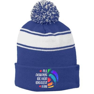 I'll Always Be Her Biggest Fan Volleyball Mom Volleyball Dad Gift Stripe Pom Pom Beanie