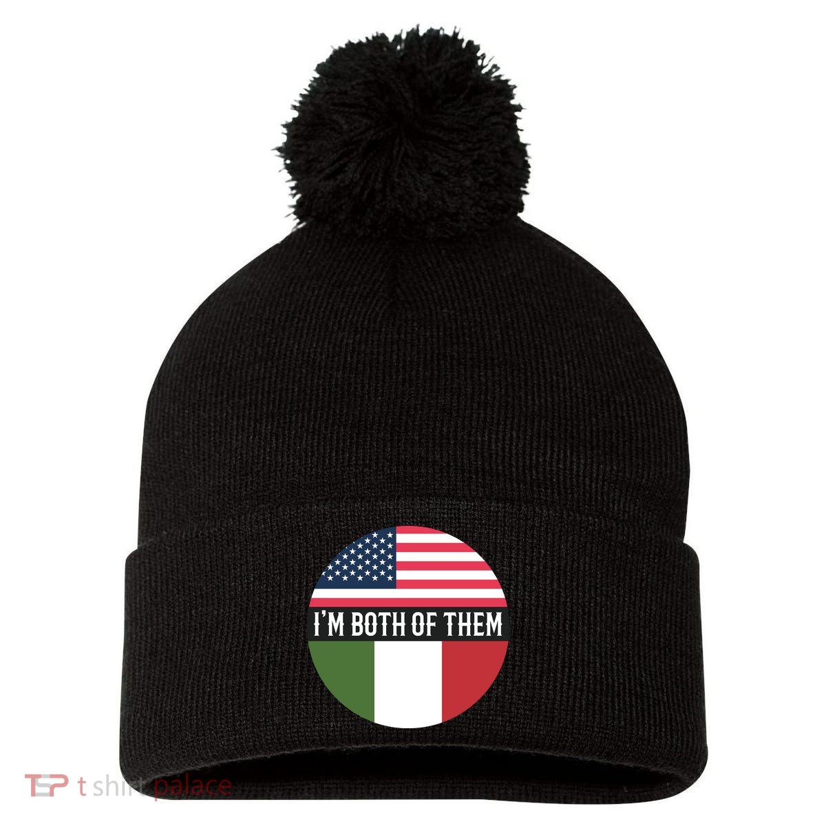 I Am Both Of Them American And Italian Flags Pom Pom 12in Knit Beanie