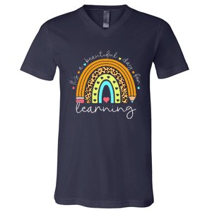 It's A Beautiful Day For Learning Rainbow Teacher Students V-Neck T-Shirt