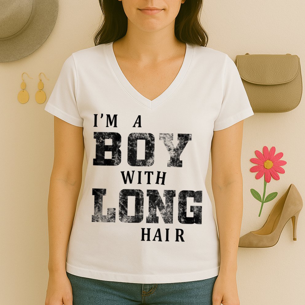 I'm A Boy With Long Hair Funny Long Hair Boy Cool Women's V-Neck T-Shirt