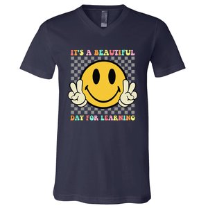 ItS A Beautiful Day For Learning Retro Groovy Teacher V-Neck T-Shirt