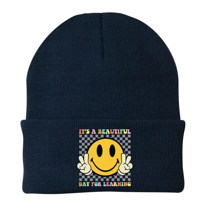 ItS A Beautiful Day For Learning Retro Groovy Teacher Knit Cap Winter Beanie