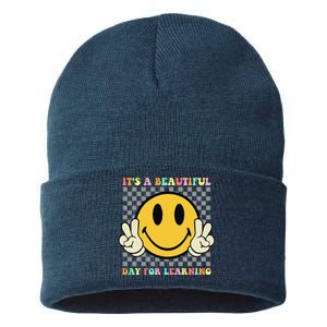 ItS A Beautiful Day For Learning Retro Groovy Teacher Sustainable Knit Beanie