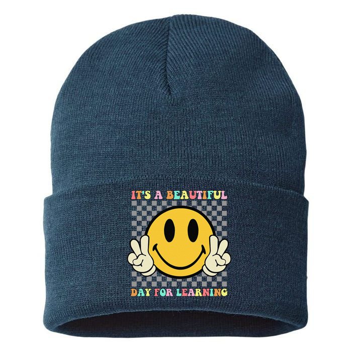 ItS A Beautiful Day For Learning Retro Groovy Teacher Sustainable Knit Beanie