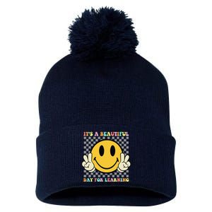 ItS A Beautiful Day For Learning Retro Groovy Teacher Pom Pom 12in Knit Beanie