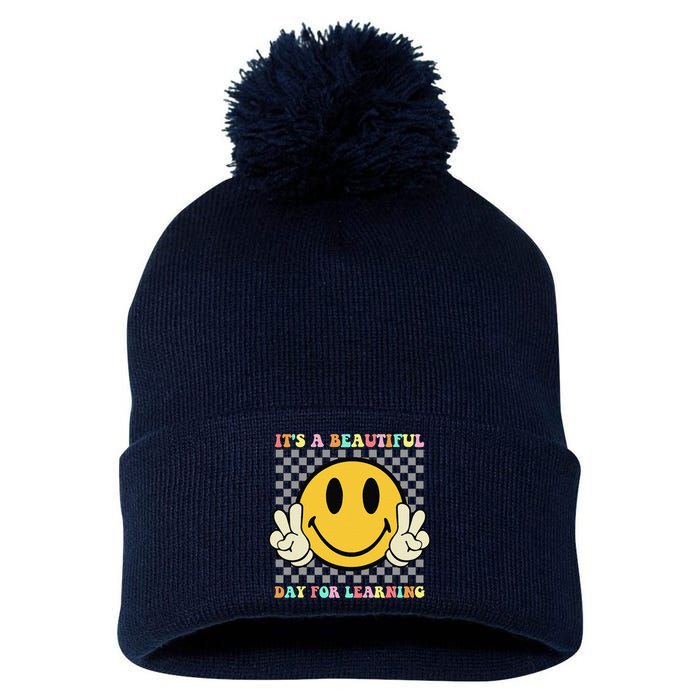 ItS A Beautiful Day For Learning Retro Groovy Teacher Pom Pom 12in Knit Beanie