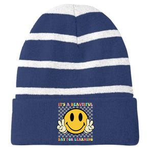 ItS A Beautiful Day For Learning Retro Groovy Teacher Striped Beanie with Solid Band