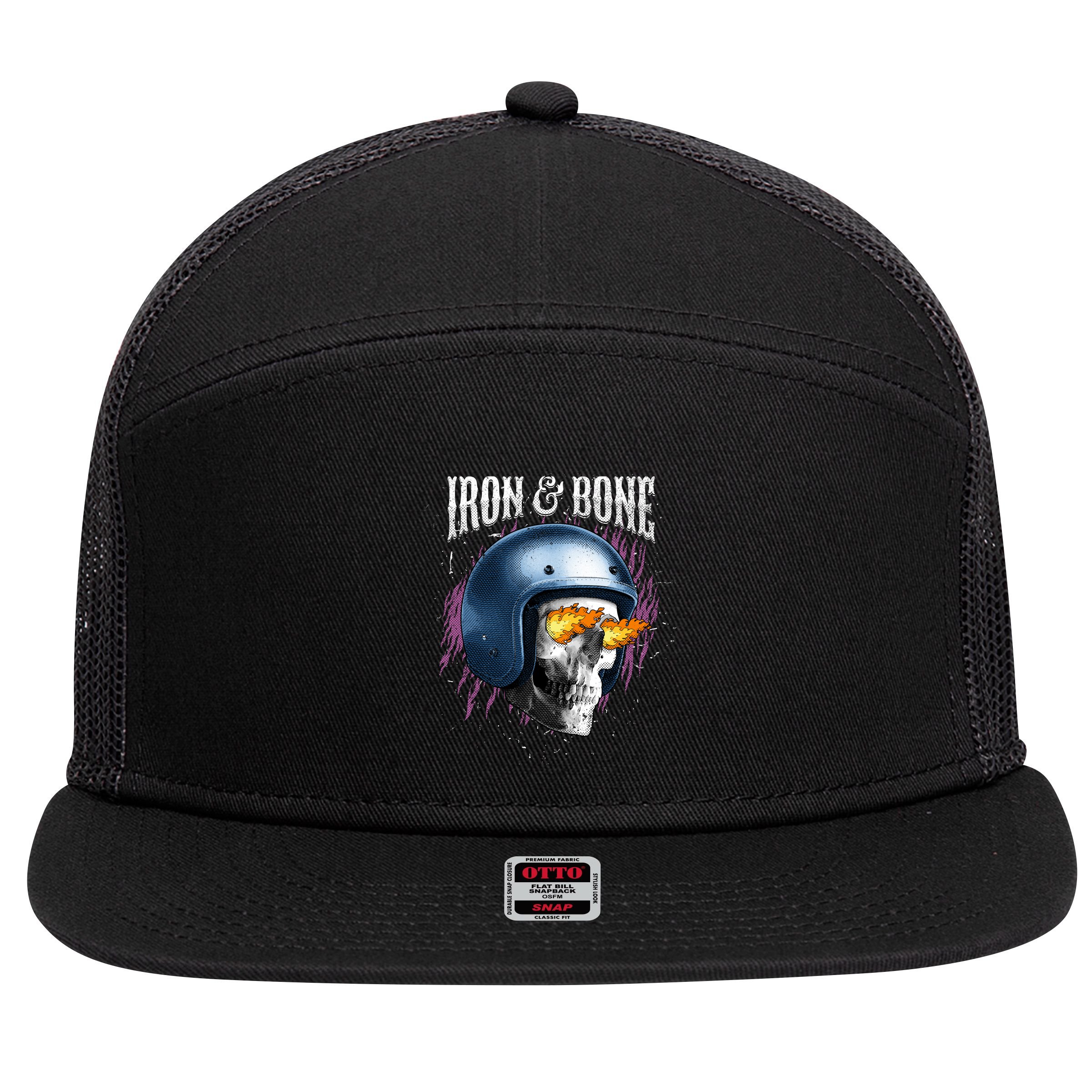 Iron And Bone Skull Biker Flame 7 Panel Mesh Trucker Snapback Hat