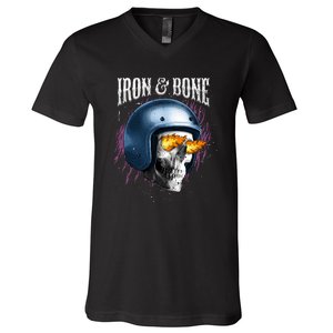 Iron And Bone Skull Biker Flame V-Neck T-Shirt