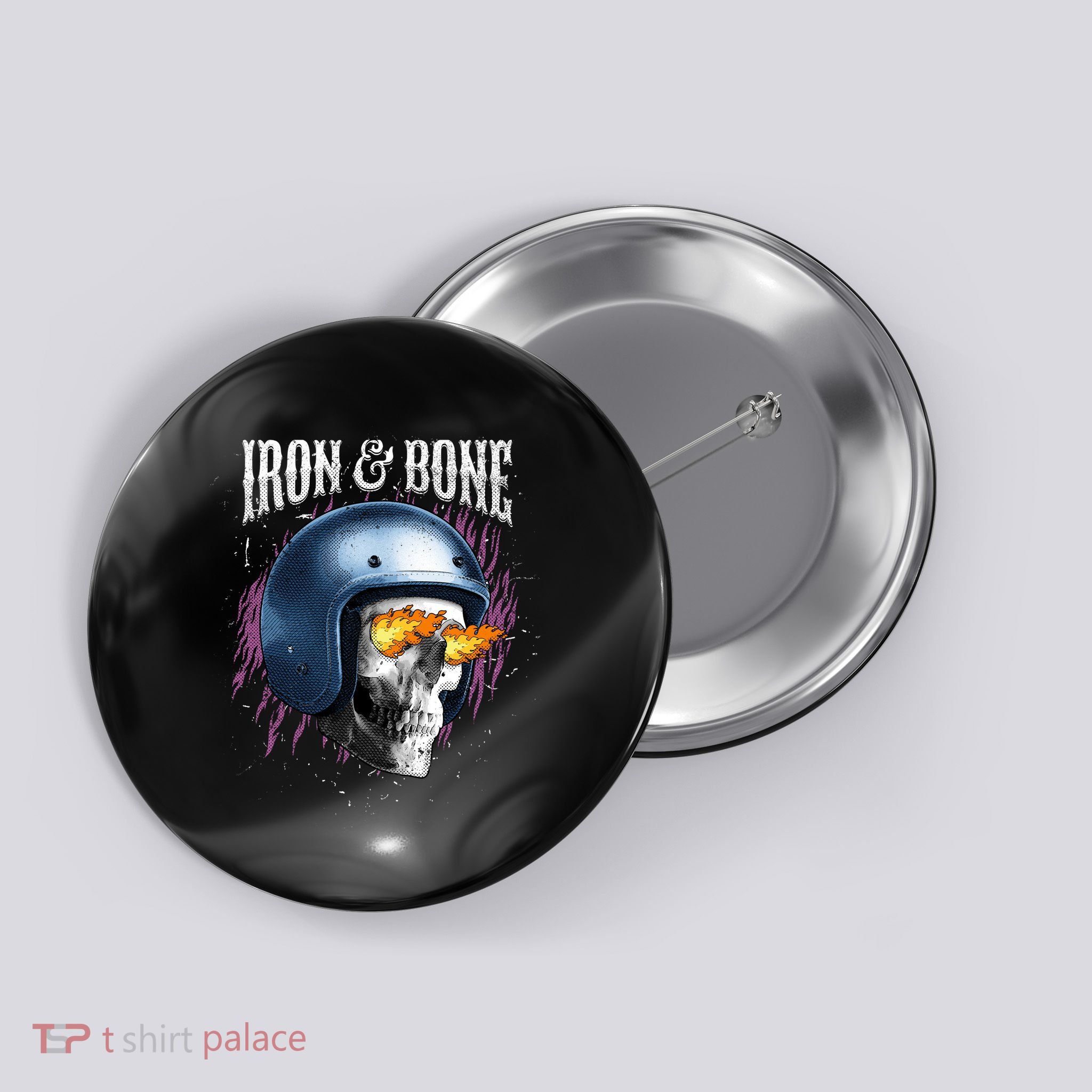 Iron And Bone Skull Biker Flame Button