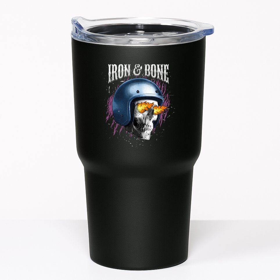 Iron And Bone Skull Biker Flame Tumbler