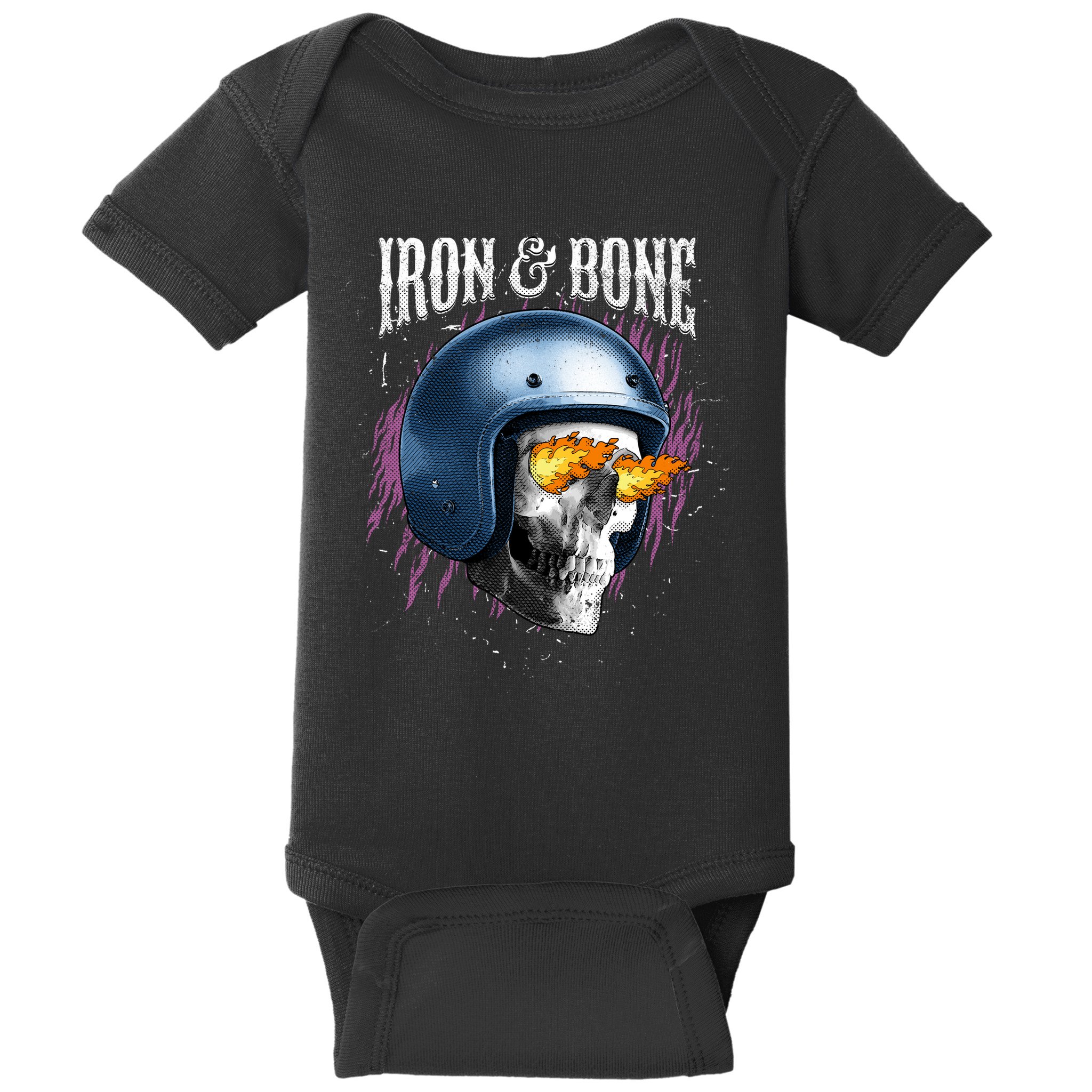 Iron And Bone Skull Biker Flame Baby Bodysuit