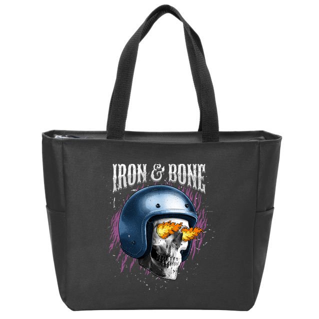 Iron And Bone Skull Biker Flame Zip Tote Bag