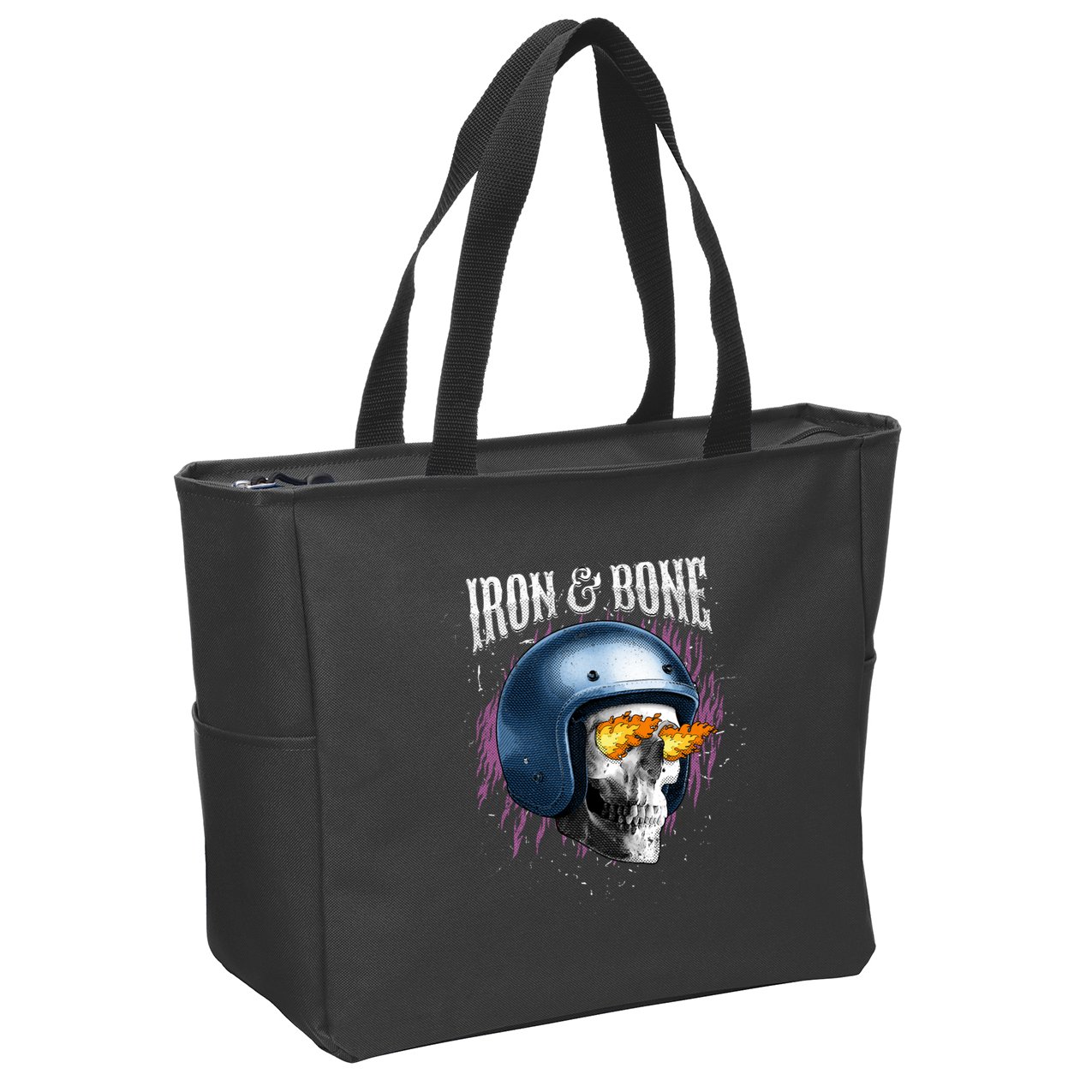 Iron And Bone Skull Biker Flame Zip Tote Bag