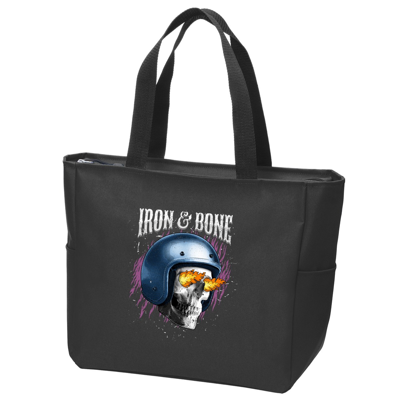Iron And Bone Skull Biker Flame Zip Tote Bag