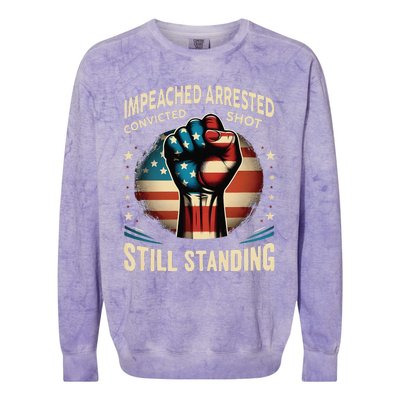 Impeached Arrested Convicted Shot Still Standing Graphic Colorblast Crewneck Sweatshirt