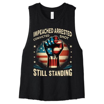 Impeached Arrested Convicted Shot Still Standing Graphic Women's Racerback Cropped Tank