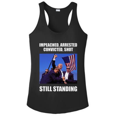 Impeached Arrested Convicted Shot Still Standing Trump Fist = Ladies PosiCharge Competitor Racerback Tank