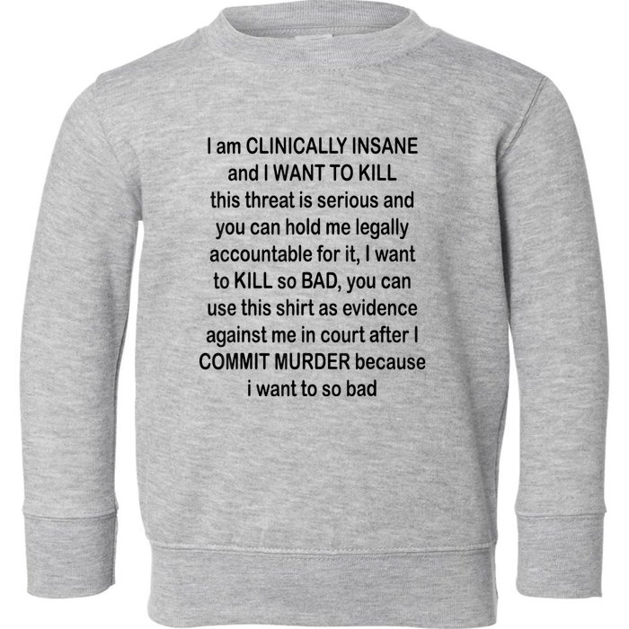 I Am CLINICALLY INSANE And I WANT TO KILL Toddler Sweatshirt