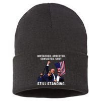 Impeached Arrested Convicted Shot Still Standing Trump 2024 Sustainable Knit Beanie