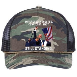 Impeached Arrested Convicted Shot Still Standing Trump 2024 Retro Rope Trucker Hat Cap