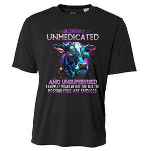 I Am Currently Unmedicated And Unsupervised I Know Funny Cow Cooling Performance Crew T-Shirt