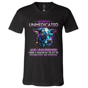 I Am Currently Unmedicated And Unsupervised I Know Funny Cow V-Neck T-Shirt