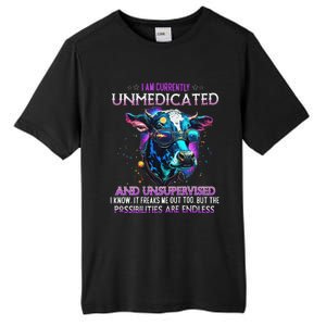 I Am Currently Unmedicated And Unsupervised I Know Funny Cow Tall Fusion ChromaSoft Performance T-Shirt