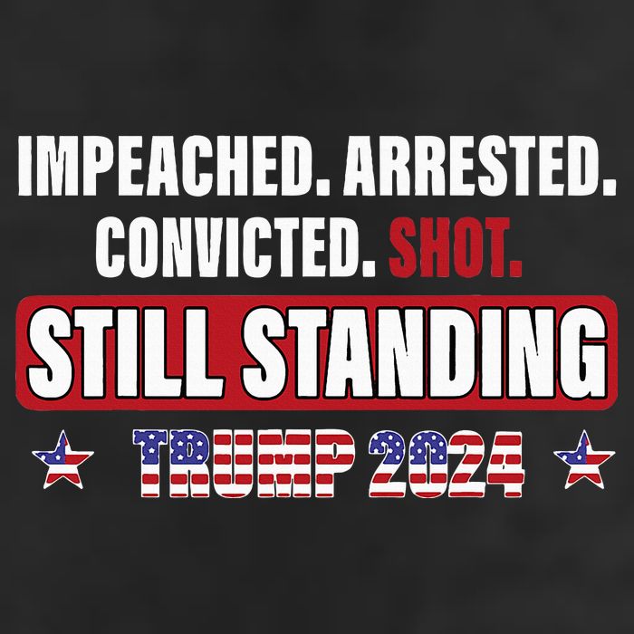 Impeached Arrested Convicted Shot Still Standing Trump 2024 7 Panel Mesh Trucker Snapback Hat