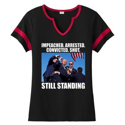 Impeached Arrested Convicted Shot Still Standing Donald Trump Ladies Halftime Notch Neck Tee