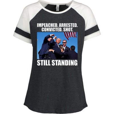 Impeached Arrested Convicted Shot Still Standing Donald Trump Enza Ladies Jersey Colorblock Tee