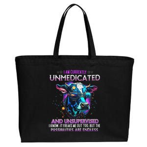 I Am Currently Unmedicated And Unsupervised I Know Funny Cow Cotton Canvas Jumbo Tote