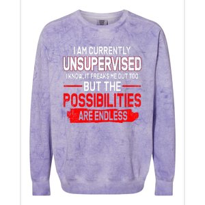 I Am Currently Unsupervised The Possibilities Are Endless Colorblast Crewneck Sweatshirt