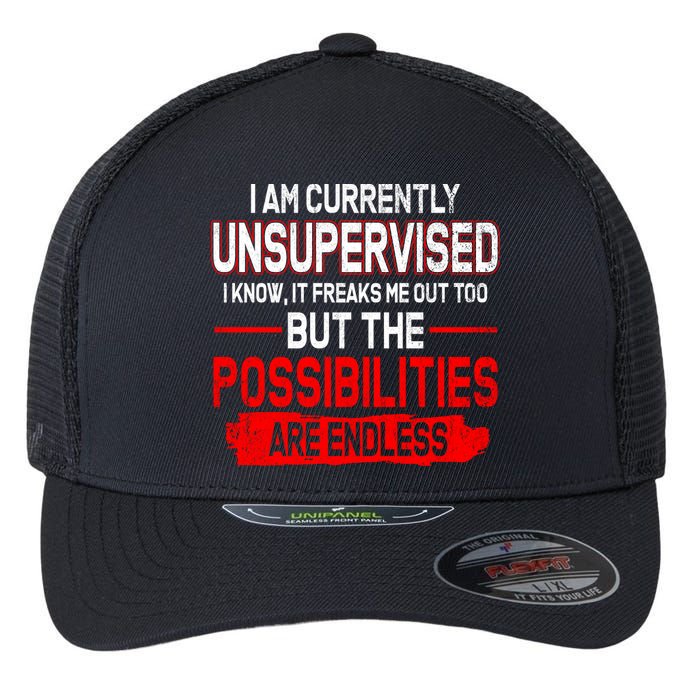 I Am Currently Unsupervised The Possibilities Are Endless Flexfit Unipanel Trucker Cap