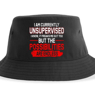 I Am Currently Unsupervised The Possibilities Are Endless Sustainable Bucket Hat