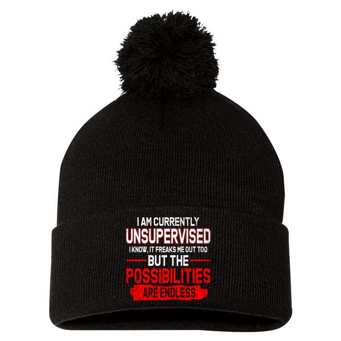 I Am Currently Unsupervised The Possibilities Are Endless Pom Pom 12in Knit Beanie