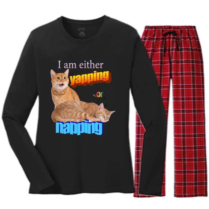 I Am Either Yapping Napping Cute Cat Women's Long Sleeve Flannel Pajama Set 