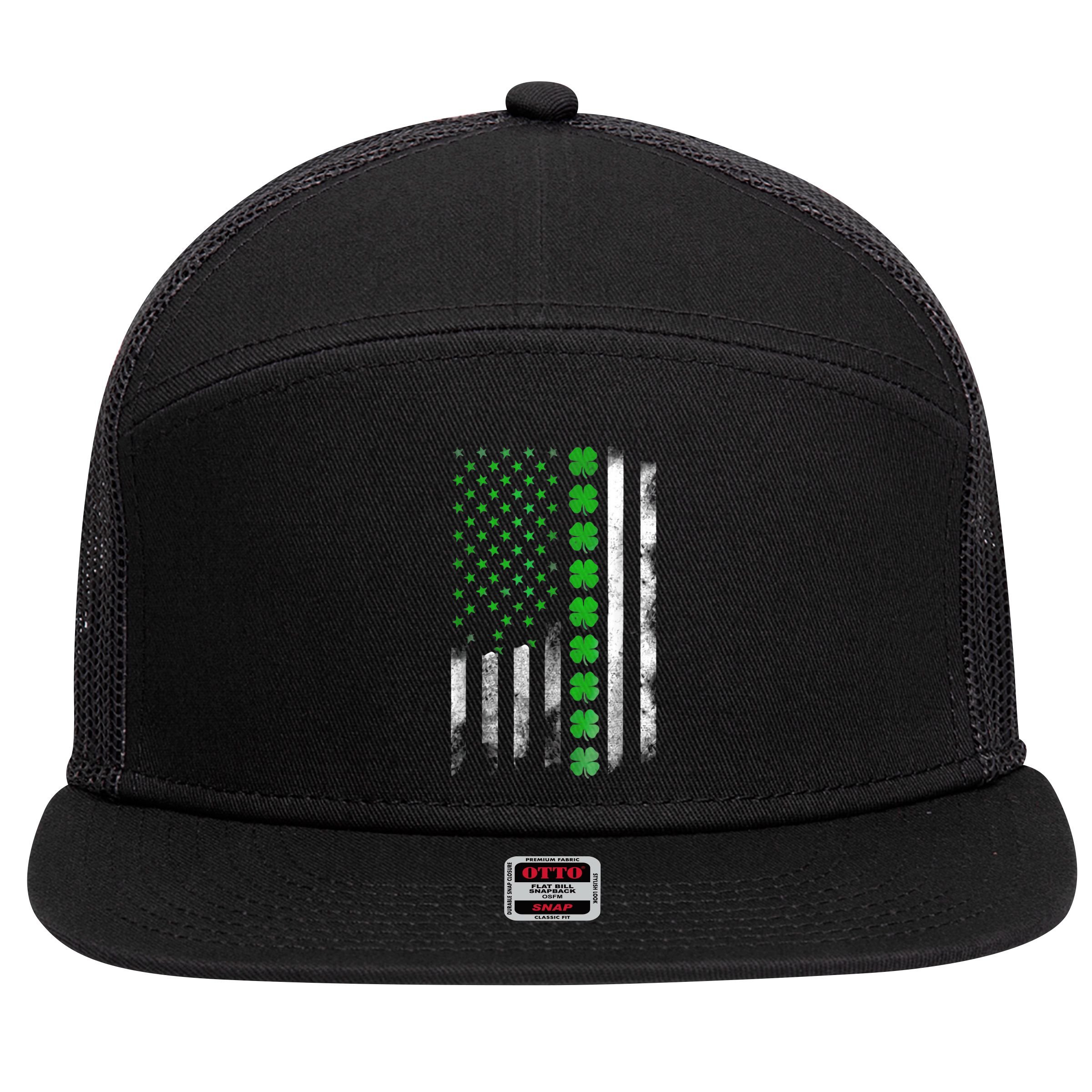 Irish American Flag Shamrock Clover Happy St Patrick's Day 7 Panel Mesh Trucker Snapback Hat
