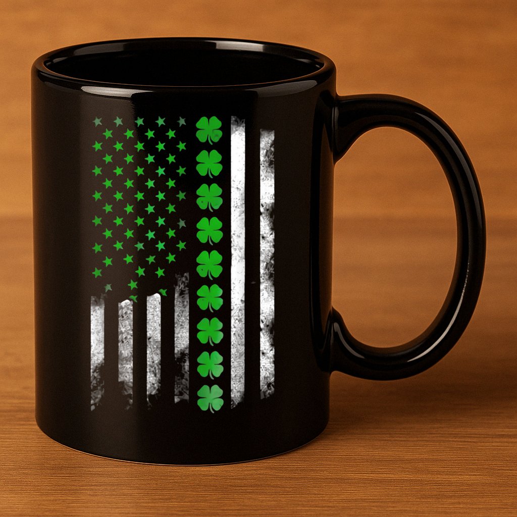 Irish American Flag Shamrock Clover Happy St Patrick's Day 11oz C Handle Ceramic Mug