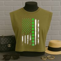 Irish American Flag Shamrock Clover Happy St Patrick's Day Garment-Dyed Women's Muscle Tee