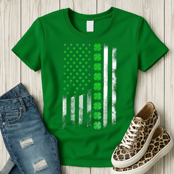 Irish American Flag Shamrock Clover Happy St Patrick's Day Womens T-Shirt