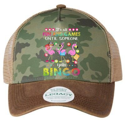 It's All Fun and Games Until Someone Yells Bingo Flamingo Legacy Tie Dye Trucker Hat