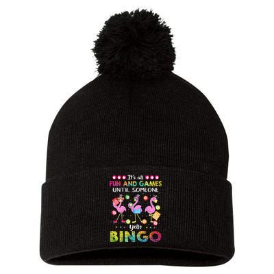 It's All Fun and Games Until Someone Yells Bingo Flamingo Pom Pom 12in Knit Beanie
