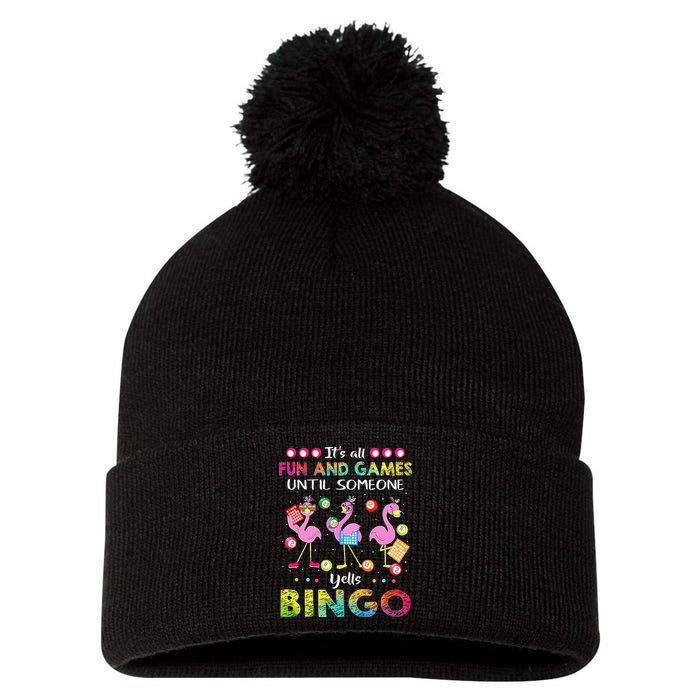 It's All Fun and Games Until Someone Yells Bingo Flamingo Pom Pom 12in Knit Beanie